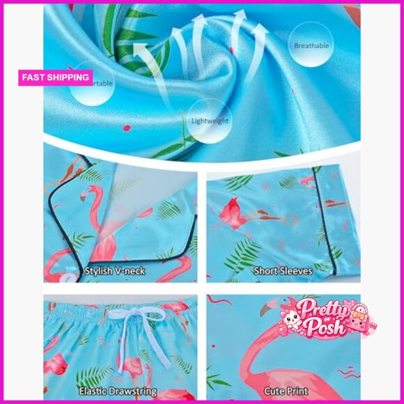 Silky Satin Pajama Set Short Sleeve Button Down Lounge Sleepwear - Picture 5 of 7